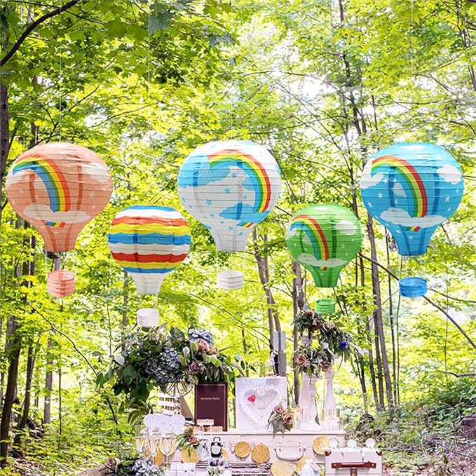 Hanging Rainbow Hot Air Balloon Paper Lanterns Set Party Decoration Birthday Wedding Christmas Party Decor Gift, 12 inch, Pack of 5 Pieces