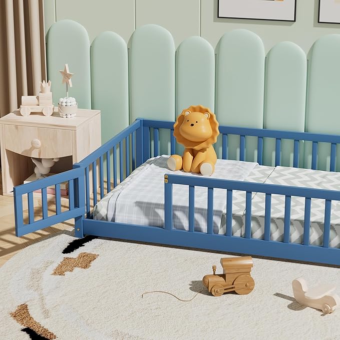 i-POOK Twin Floor Bed Frame with Wood Slats, High Fence & Small Door, Pinewood Montessori Floor Bed for Girls and Boys, Mist Blue