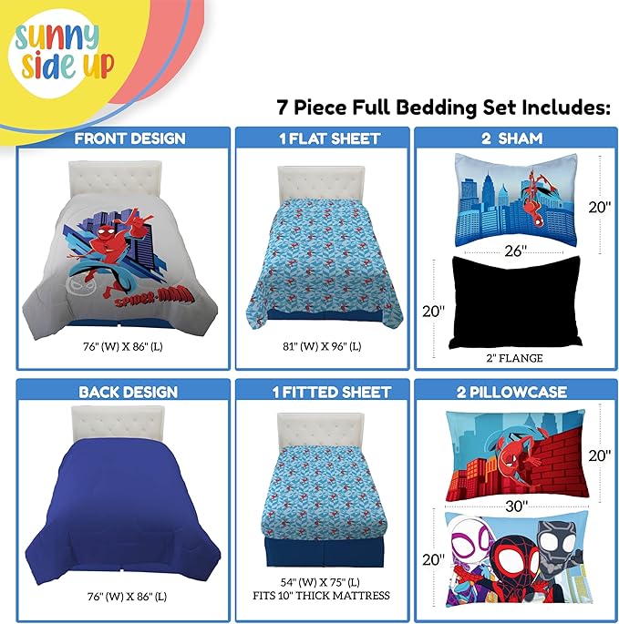 Sunny Side Up Kids Comforter Set Includes Sheets and Pillow Covers - Soft and Cozy Bed Set for Stylish Room Decor, Gray - Spiderman, 7 Piece Full Bedding