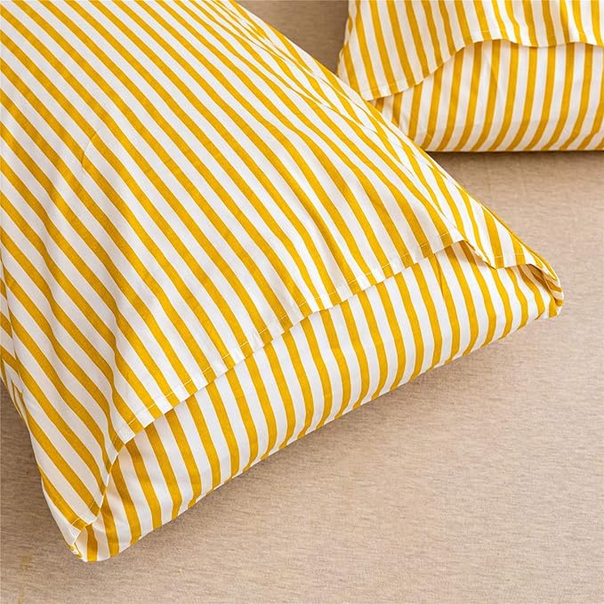 JELLYMONI 100% Natural Cotton 3pcs Striped Duvet Cover Sets,White Duvet Cover with Yellow Stripes Pattern Printed Comforter Cover,with Zipper Closure & Corner Ties(Cal King Size)