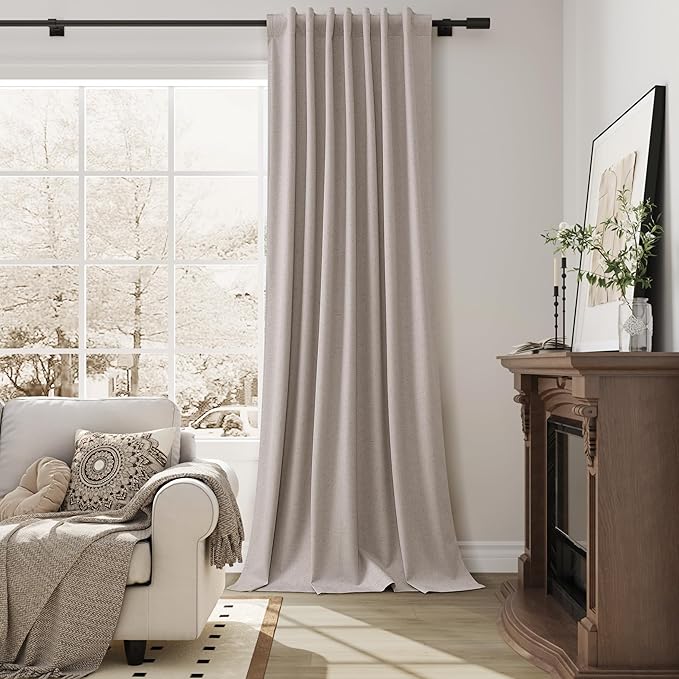 Guken Apricot Linen 100% Black Out Curtains for Living Room 90 Inch Length 2 Panels Set Textured Cottage Core Blackout Thermal Insulated Back Tab Hook Belt Curtains for Dining Room Apricotbuff 52x90