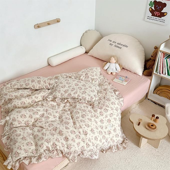 AOJIM Kids Cotton Muslin Duvet Cover with Pink Floral Patterns, 1pc Super Soft Toddler Bedding Comforter Cover 2-Layer Gauze 47X59'', Ruffled Edges Duvet Protector for Girls Boys, No Quilt or Pillow