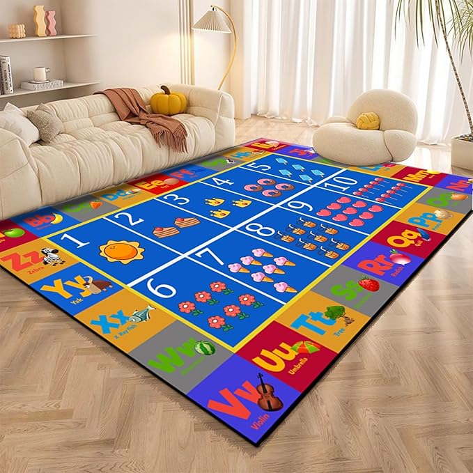 Cartoon Children's Educational Carpet for Classroom, 3x5ft, Learning Numbers Letters Living Room Rug, Foldable Durable Washable Area Rug, Soft Cozy Low Pile Mats for Bedside Dorm