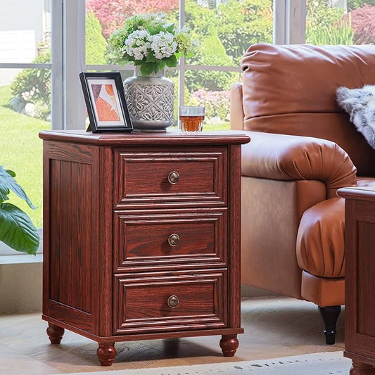 18" Farmhouse Night Stand, Red Oak Wood Nightstand with 3 Drawers, Bedside End Table with Storage and Roman Column, Bed Side Tables Cabinet for Bedroom, Living Room, and Closet