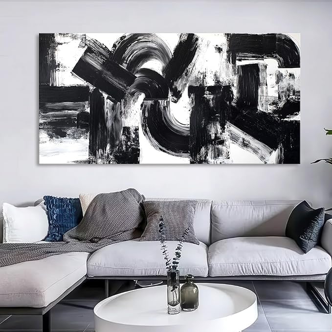 Black White Abstract Wall Art for Living Room, Modern Brushstroke Canvas Painting Artwork for Walls, Minimalist Black Geometric Curves & Blocks Pictures for Bedroom, Kitchen, Office Wall Decor 12"x24"