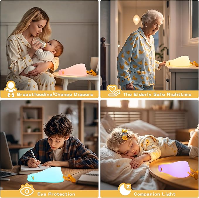 Cute Duck Night Light with Color Changing, APP/Tap Fun Lying Flat Duck Lamp with Rubber Duck Gift,Soft Silicone Nursery Nightlight,Dimmable/Timing Bedside Lamp,White Elephant Xmas Gifts for Baby Kids