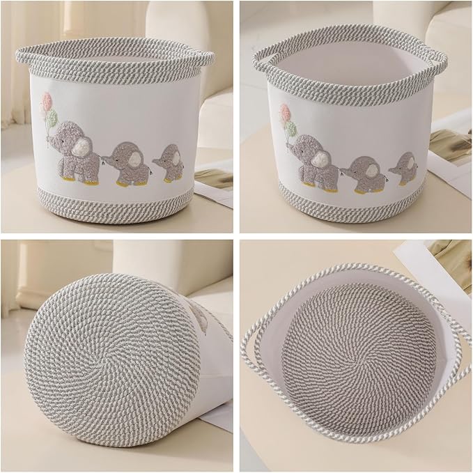 3-Piece Woven Baby Toy Blanket Storage Baskets Laundry Hampers, Elephant Design Foldable Nursery Organizer for Toys Clothes Stuffed Animals, Roomy Sturdy Hamper for Baby Gift Nursery Decor Basket
