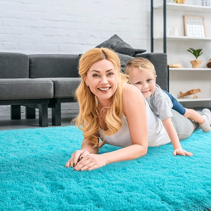Merelax Soft Modern Indoor Large Shaggy Rug for Livingroom Bedroom Dorm Kids Room Home Decorative, Non-Slip Plush Fluffy Furry Fur Area Rugs Comfy Nursery Accent Floor Carpet 8x10 Feet, Teal