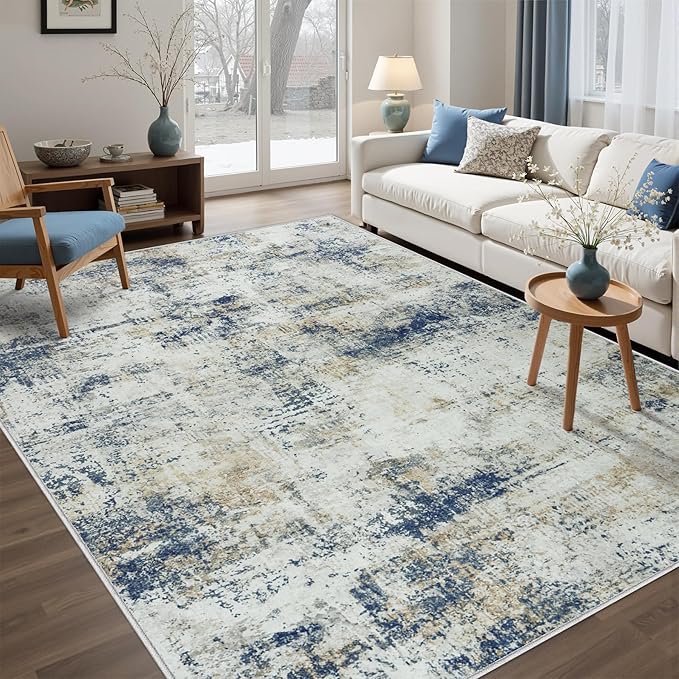 Area Rug Living Room Rugs: 5x7 Washable Rug with Anti-Slip Backing Non-Shedding Stain-Resistant Foldable Modern Abstract Carpet for Bedroom Dining Room Nursery Hallway Home Office Blue Brown