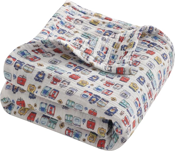 NTBAY 4 Layer Muslin Cotton Toddler Blanket, 30x40 Soft and Breathable Receiving for Newborns and Infants, Perfect for Crib, Stroller, Travel, Lightweight Nursery Blanket, Cartoon Train