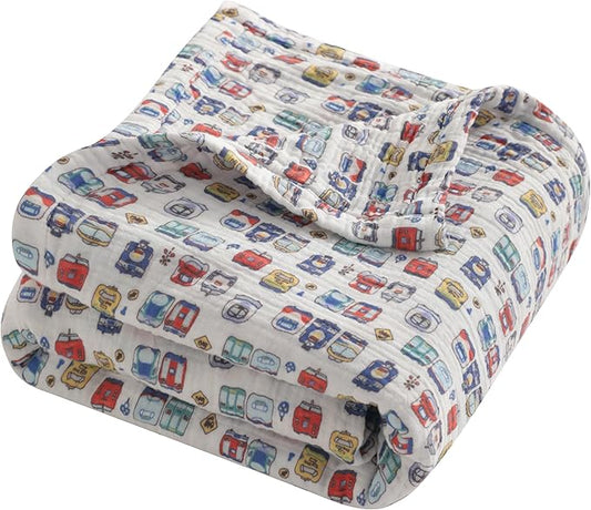 NTBAY 4 Layer Muslin Cotton Toddler Blanket, 42x60 Soft and Breathable Receiving for Newborns and Infants, Perfect for Crib, Stroller, Travel, Lightweight Nursery Blanket, Cartoon Train