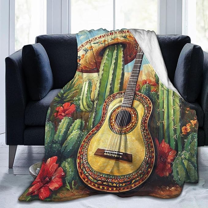 Mexican Blanket Cactus Guitar Decor Throw Blanket Super Soft Flannel Lightweight Fluffy Plush Cozy Fuzzy Fleece Cowboy Western Gifts Blanket for Kids Boys Adults Man for Bed Sofa 40"X50"