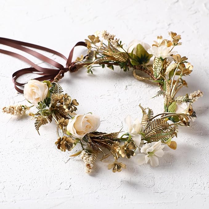 Vintage Rose Flower Crown - Golden Leaves White Classic Flower Headband Fairy Elegant Floral Headpiece for Women Girls Christmas Mucic Festivals Photo Prop