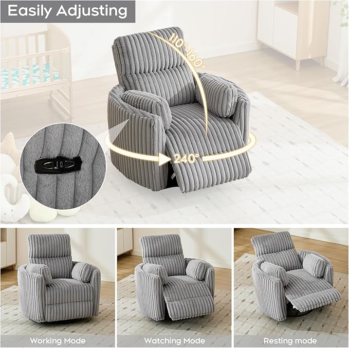 Power Nursery Rocking Chairs Swivel Glider Reclining Chair with 2 Pillows, Nursery Glider Rocking Recliner with Type-C & USB Charger Port, Corduroy Upholstery Armchair for Living Room/ Light Grey