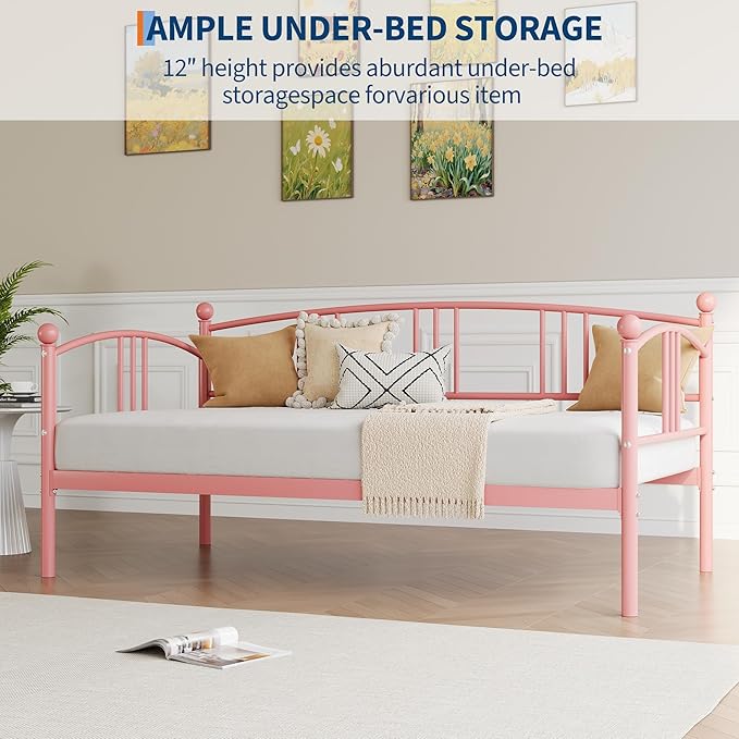 GarveeHome Twin Daybed, Sturdy Metal Day Bed with Steel Slat Support, Arched Headboard Sofa Bed for Living Room, Bedroom and Guest Room, Pink