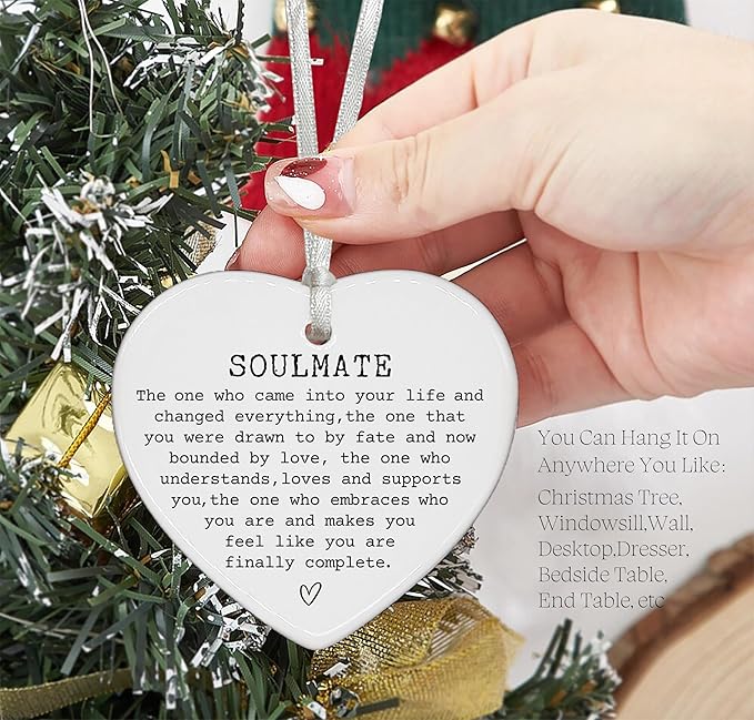 Ceramic Heart Shaped Christmas Ornament-Soulmate Gift for Wife Husband Girlfriend Boyfriend-Her Him Anniversary Birthday Gift for Couple Best Friend Soul Sister-Love Keepsake Ornament