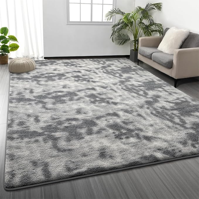 Large Area Rugs for Living Room, 7 x 10 Ft Non-Slip Soft Tie-Dyed Thickened Memory Foam Rug for Bedroom, Comfy Indoor Floor Carpets for Boys Girls Dorm Room Nursery Home Decor, Light Grey