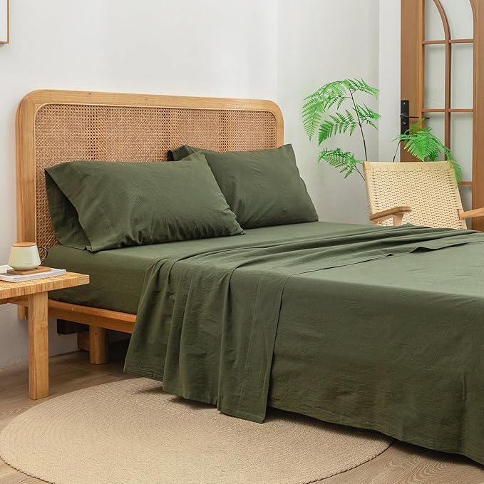 BESTOUCH Sheet Set 100% Washed Cotton Linen Feel Super Soft Comfortable Chic Lightweight 4 Pcs Home Bedding Set Solid Olive Green King