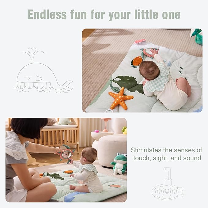 Spirich 9-in-1 Tummy Time Mat, Soft Sensory Mat for Infants, Baby Play Gym Mat with 9 Sensory Toys, Newborn Essentials Shower Gift
