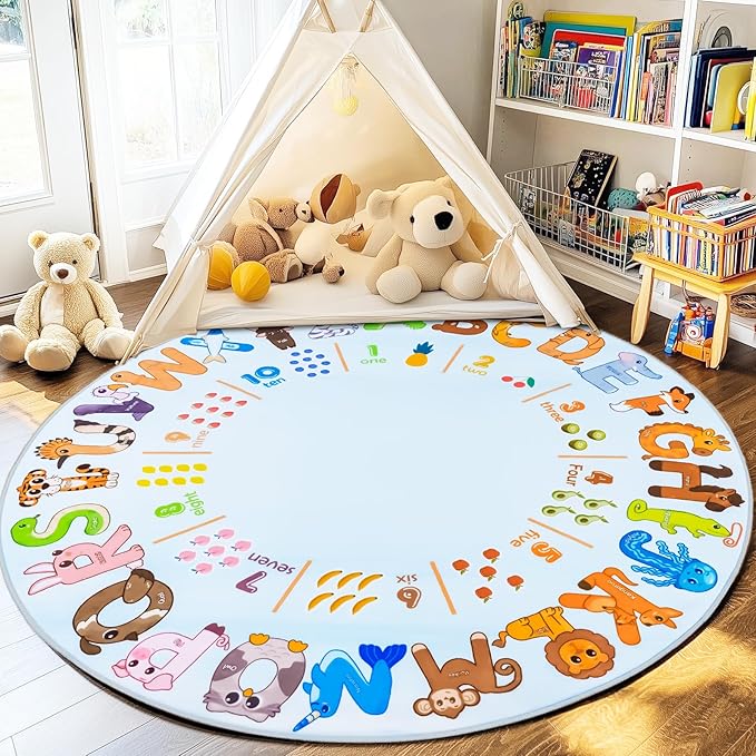 Kids Rugs for Playroom, 5'x5' Round Educational Rug for Learn the ABC Alphabet, Soft Machine Washable Non-Slip Cute Animal Carpet for Classroom Toddler Nursery Kids Room Decor Mat, Light Blue