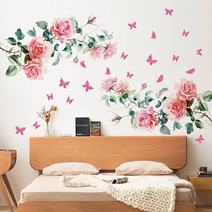 2Sheets Removable Pink Rose Vine Flowers Decals Green Leaves Decals DIY Pink Butterfly Wall Decal Self-Adhesive Wall Art Decor for Girls Room Living Room Bedroom TV Backdrop Decor