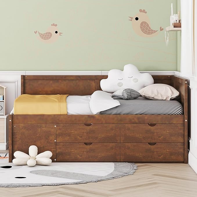 Full Size Daybed with 4 Storage Drawers and Shelves, Wooden Full Platform Bed Frame with L-Shaped Headboard and Slats Support, Corner Bed Full Captain Beds for Kids Boys Girls Teens, Walnut
