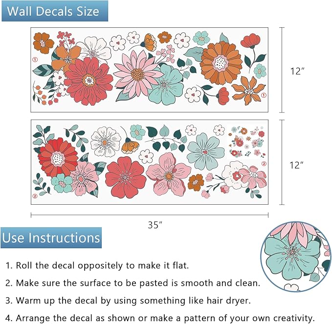 Yovkky Boho Vintage Groovy Flower Wall Decals Stickers, Bohemian Retro Floral Daisy Hippie Home Bedroom Decor, Hippy Wildflower Butterfly Living Room Kitchen Decorations Art