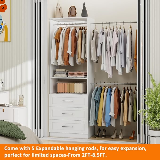 4–8FT Closet System with 3 Wood Drawers, Closet Organizer System with 5 Stainless Steel Rods, Modular Walk-in Closet System with Shelves, Wall Mounted Built-in Closet Organization System