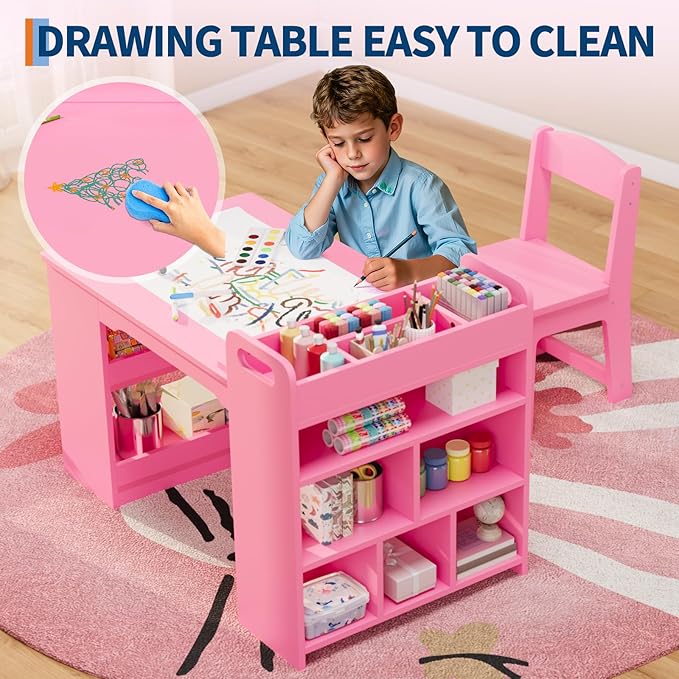 Kids Art Table and 2 Chairs, Craft Table with Large Storage Shelves,Toddler Wooden Drawing Desk Activity & Crafts Children's Wooden Furniture for Classroom Daycares,Home