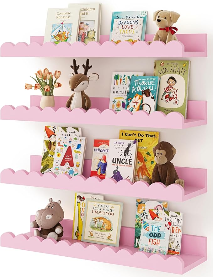 Shario Nursery Book Shelves, 4-Pack White Floating Shelves for Wall Kids, Scalloped Shelves, Wall Book Shelves for Bedroom Kids, Toddler Room, Baby Room, Nursery Decor(Pink, 16.5 Inches)