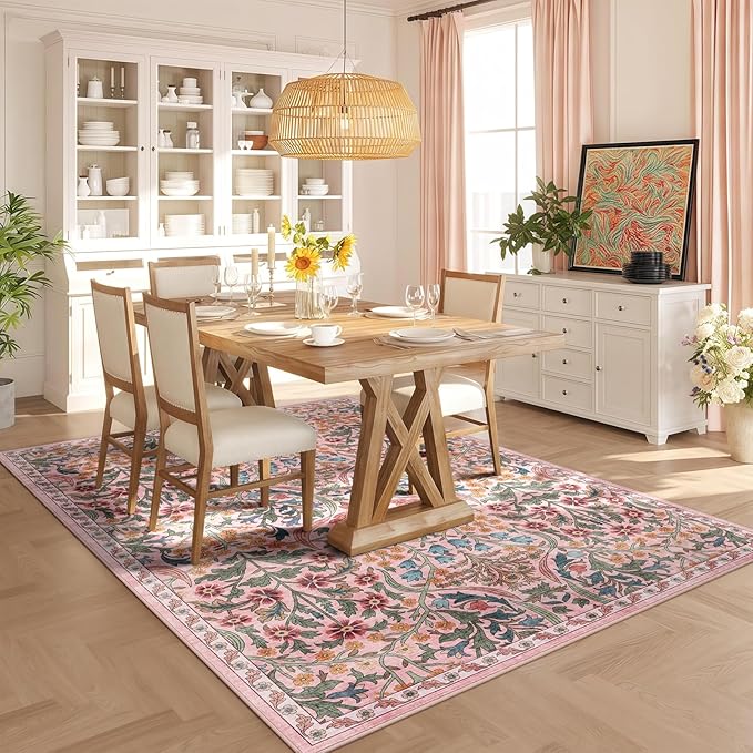 6x9 Washable Area Rug for Living Room, Floral Non-Slip Non-Shedding & Easy Care, Soft Low Pile Botanical Indoor Floor Carpet for Living Room, Bedroom, Farmhouse, Dining Room, Kids Playroom, Pink