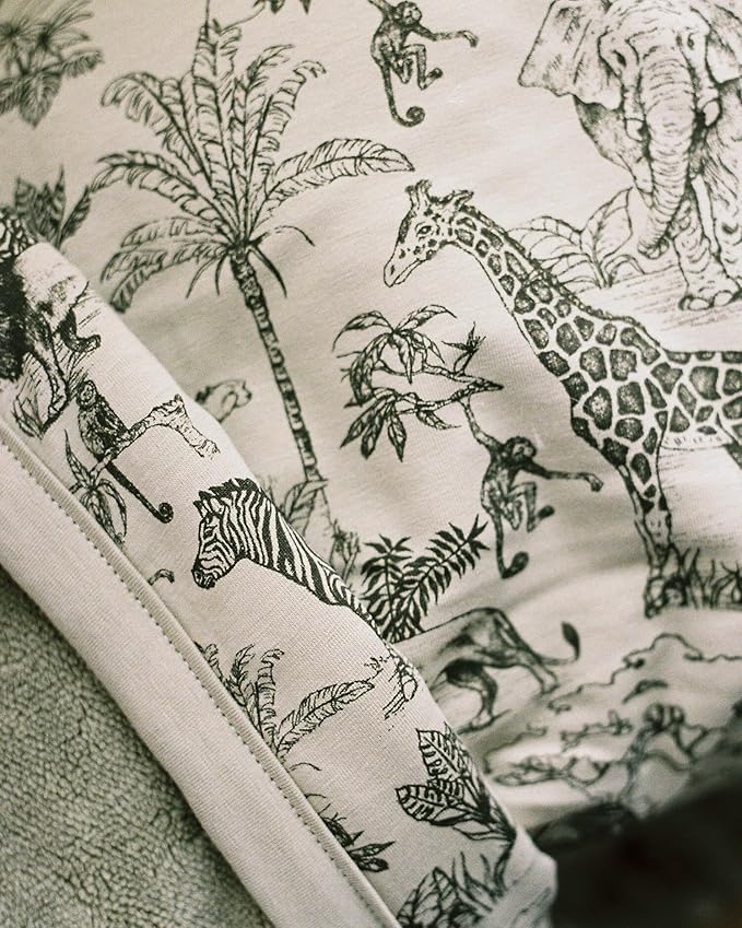 Oilo Baby Blanket, Luxury Plush Chenille Backing & Organic Cotton Jersey Print, Double Layered, 30" x 40", Rolled Jersey Edge Trim, Infant & Toddler Size, Heirloom Organic Collection, Vintage Safari