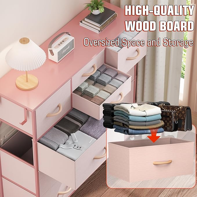 10 Drawer Dresser, Chest of Drawers for Bedroom, Fabric Dresser Drawers with Side Pockets, Hooks, Wooden Top and Sturdy Metal Frame for Living Room, Closet, Hallway (Pink)