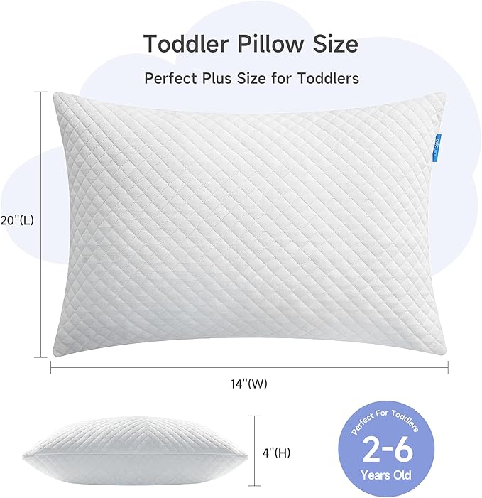 Memory Foam Toddler Pillow,20X14’ Kids Pillow with Machine Washable Comfortable Pillowcase Rayon Derived from Bamboo,Adjustable Height Toddler Pillows for Sleeping 2-6 Years Old (1, White)