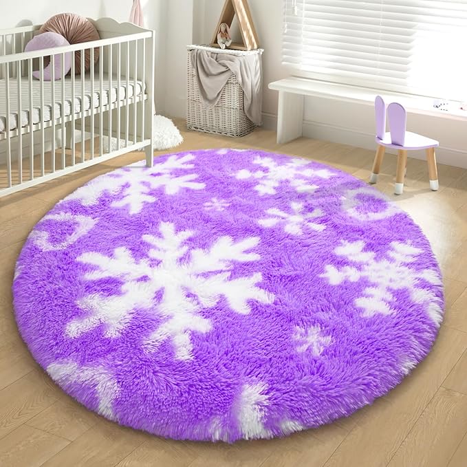 EVOIONOS Round Purple Rugs for Girl Bedroom, 4x4 Feet Fluffy Circle Purple Snowflake Rug for Room Decor, Circular Plush Snowflake Carpet for Kids Room Playroom Nursery Decor, Cute Snowflake Rug