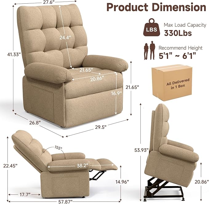 Power Recliner Chair for Elderly, Lift Chairs Triple Motor with Infinite Position, Seniors Electric Stand Assist, Single Sofa with Side Pockets for Living Room, Beige-Brown