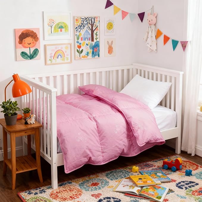 ZPECC Toddler Goose Down Comforter, 41x48 Hypoallergenic Baby Duvet Insert, Soft Lightweight All Season Quilt Blanket for Crib Daycare Stroller Pink