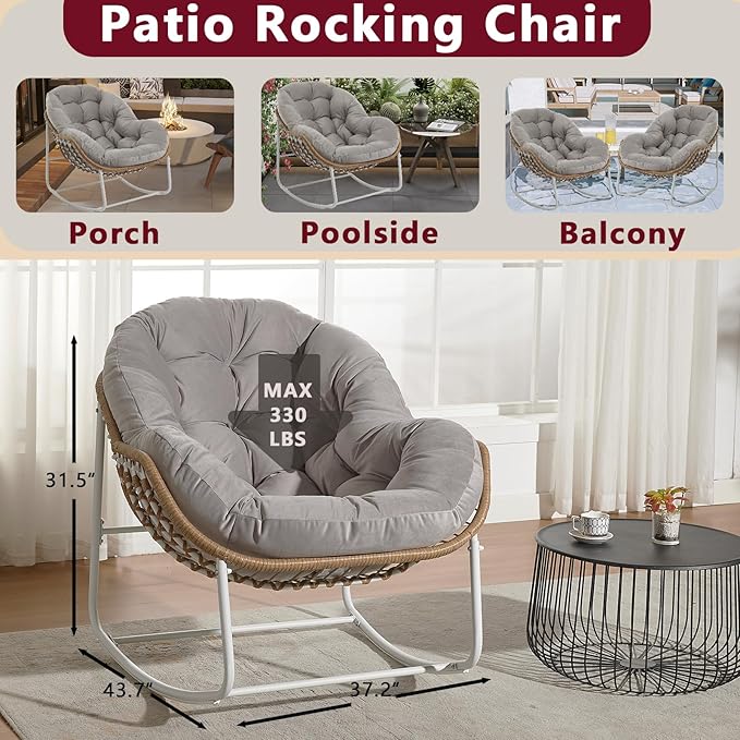 Oversized Outdoor Papasan Rocking Chair Set of 2 with Soft Cushion, Comfy Patio Egg Chair, Wicker Lounge Rocker for Balcony/Porch/Garden, Reinforced All Weather Rattan Frame, Light Grey
