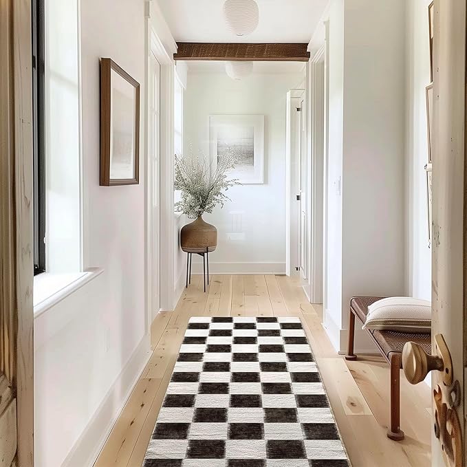 EverGrace Checkered Plaid Area Rug 2x6, Soft Fuzzy Faux Wool Rugs Washable Anti Slip Rugs Long Runner Rug Carpet for Entryway Bedroom Living Room Hallway Kitchen Dining Room and Laundry Room, Black