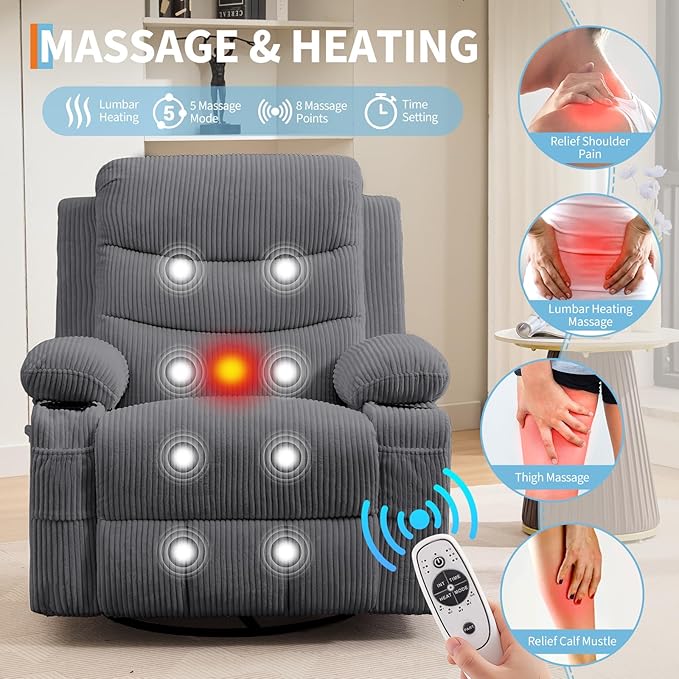 Recliner Chair Nursery, Oversized Manual Reclining Rocking Chair, 360 Swivel Glider with Cup Holder, Massage and Heat Recliner, Indoor Small Single Sofa Chairs for Adults, RV, Bedroom, Corduroy Gray