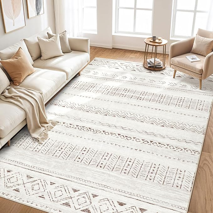 Area Rugs for Living Room Washable Living Room Rug Soft Neutral Indoor Floor Carpet Non-Slip Stain Resistant Modern Boho Rugs for Bedroom Dining Room Kids Room Nursery Office Home Brown/Cream