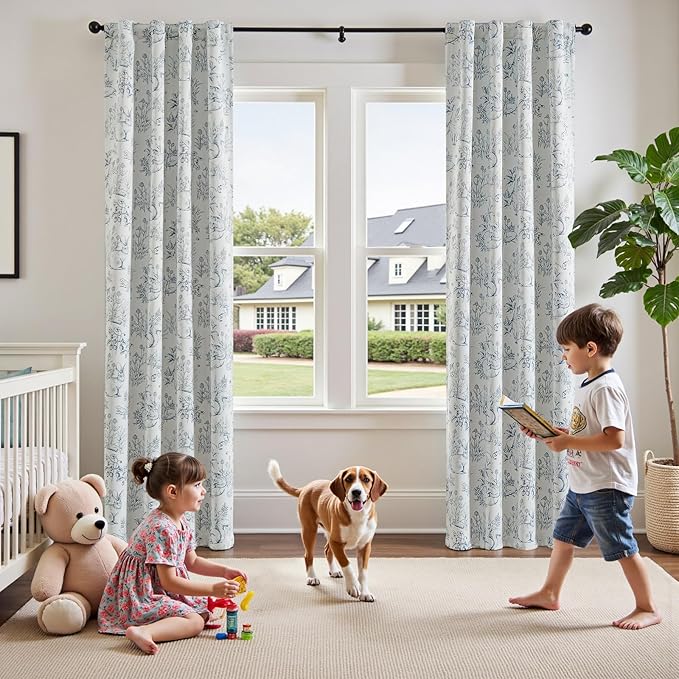 jinchan Blackout Nursery Curtains 84 Inches Long, Bunny Woodland Toile Curtains Blue on Beige Animal Printed Drapes for Bedroom Rod Pocket Thermal Insulated Farmhouse Window Treatment 2 Panels