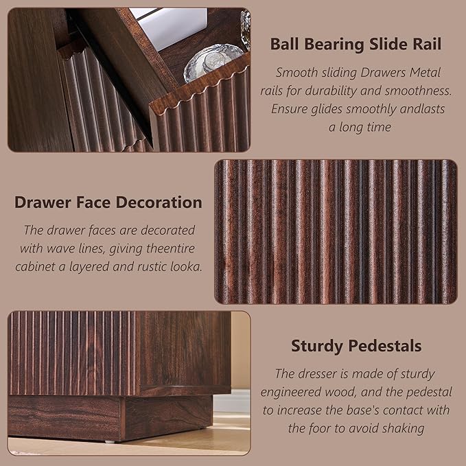 Fluted Dresser for Bedroom, 55" W 8 Drawer Dressers, Wood Tall Dresser Storage Organizer, Modern Bedroom Chest of Drawer with Deep Storage for Closet Hallway, Entryway, Living Room, Brown