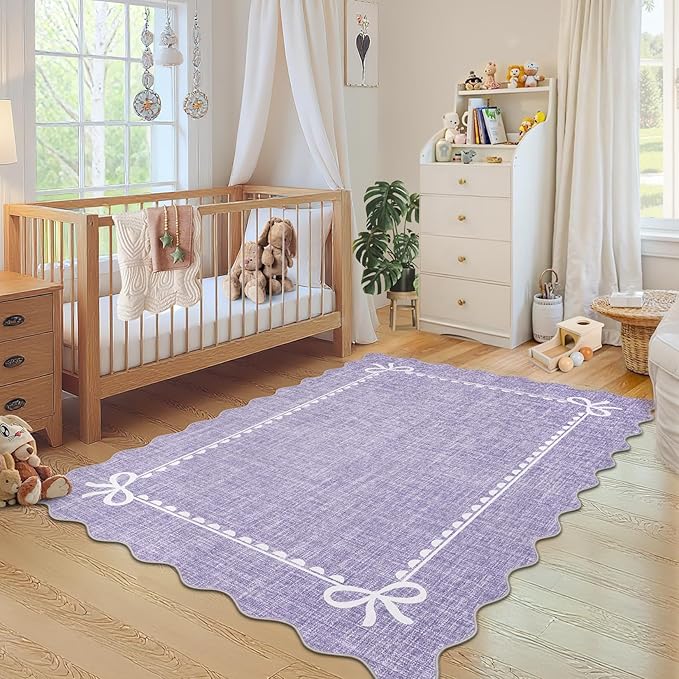 GarveeHome Scalloped Bow Rug for Living Room, Solid Purple Rug for Dorm, Washable Rugs 9x12 Soft Low Pile Non Slip Scalloped Rugs for Nursery College Bedroom Decor Kids Room Playroom