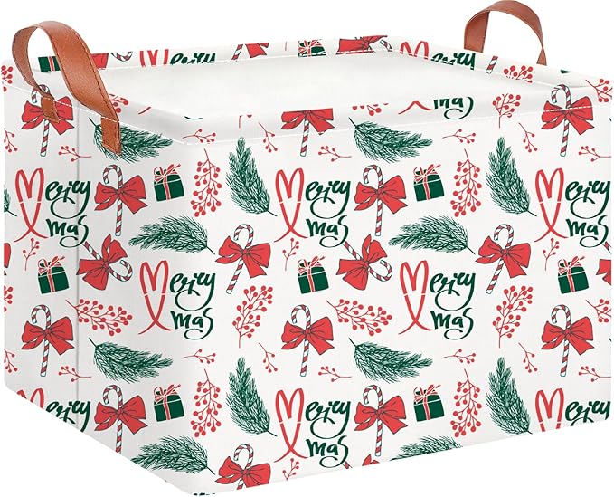 CLOCOR Rectangular Storage Basket,Collapsible Cute Pattern Storage Bin,Waterproof Books Box with Handles,Gift Basket(Big Christmas Basket)