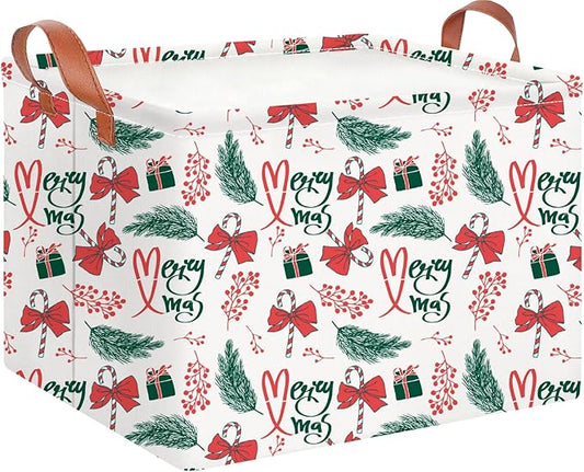 CLOCOR Rectangular Storage Basket,Collapsible Cute Pattern Storage Bin,Waterproof Books Box with Handles,Gift Basket(Big Christmas Basket)