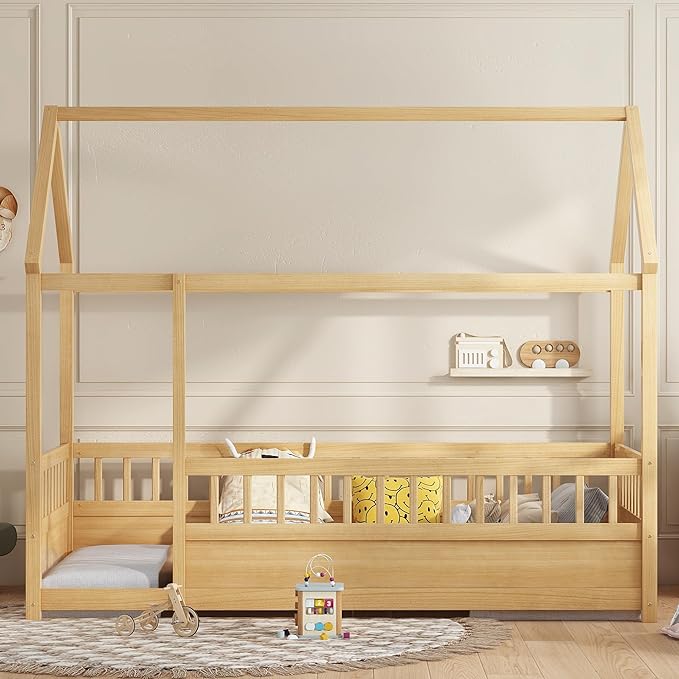 Twin Size House Bed with High Fence for Kids,Twin Floor Bed Frame, Kids Montessori Bed Twin Size,Solid Wood House Bed Frame for Boys,Girls,Natural
