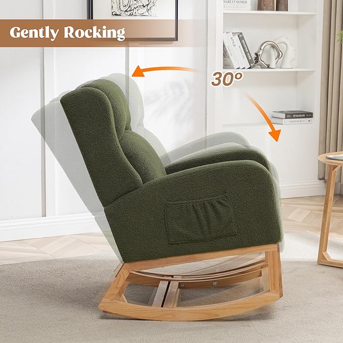 Rocking Chair Nursery, Nursing Rocking Chairs for Mom Nursery, Comfy Teddy Glider Rocking Armchair with Foot Rest for Nursery Living Room Bedroom, Green