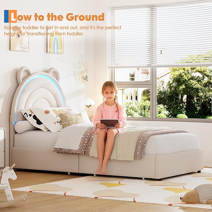 Garvee Twin Size Bed Frame with 2 Storage Drawers & LED Lights, Velvet Upholstered Platform Bed with Rainbow Headboard for Kids/Boys, Solid Wood Slats Support, No Box Spring Needed, Grey