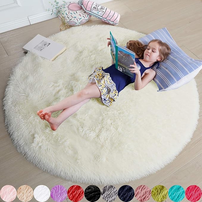 Amdrebio Ivory White Round Rug 4Ft for Kids Bedroom Aesthetic, Washable Fluffy Fuzzy Circle Area Rugs for Living Room, Circular Plush Soft Shaggy Cream Carpet for Baby Nursery Dorm Teen Girls Boys